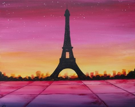 Paris Sunset II - Paint Nite Painting Eiffel Tower Sunset Painting, Eiffel Tower Canvas Painting, Eiffel Tower Painting Easy, Paris Painting Acrylic, Paris Painting Easy, Paris Art Painting, Eiffel Tower Drawing, Nite Owl, Drawing Sunset