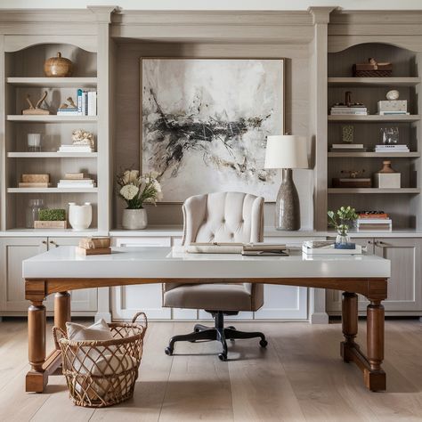 A Beautiful & Practical Home Office Design💖💖💻🖨 Green Office Aesthetic, Mediterranean Office, Transitional Office Design, Women Home Office Ideas, Practical Home Office, Designer Home Office, Home Office Inspo, Bonus Room Office, Law Office Design