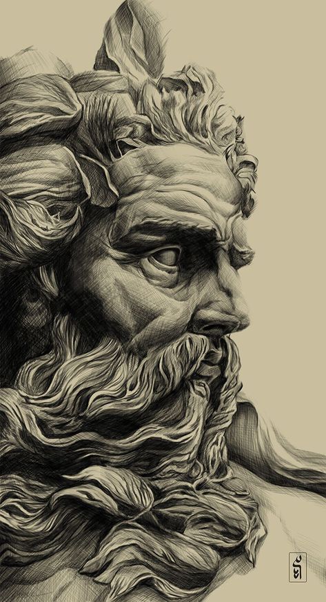 Poseidon Tattoos, Greek Drawing, Poseidon Tattoo, Zeus Tattoo, Desen Realist, Greek Mythology Tattoos, Roman Sculpture, Mythology Tattoos, Greek Tattoos