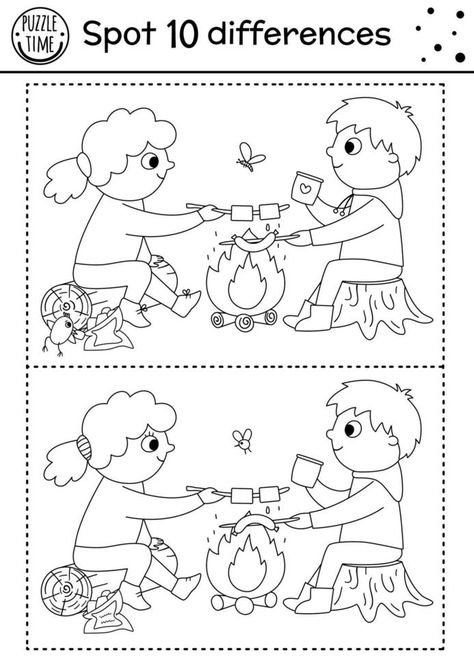 Camping find differences game for children. Black and white educational activity and coloring page with children sitting in front of the fire. Summer camp or road trip printable worksheet Find The Difference Pictures, Find The Differences Games, Toddler Printables, Occupational Therapy Kids, Summer Worksheets, Printable Games For Kids, English Activities For Kids, Activity Sheets For Kids, Summer Printables