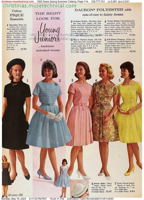 1963 Sears Spring Summer Catalog, Page 114 - Catalogs & Wishbooks 1960s Summer Fashion, 1963 Fashion, 1960s Summer, Colleen Corby, 60’s Fashion, Dainty Dress, 1960 Fashion, Fashion 1960s, 1940s Fashion