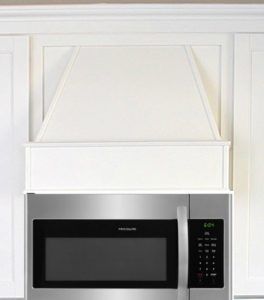 Idea for a non functioning hood above a microwave #rangehood #kitchenremodel #kitchenmakeover #diy Range Microwave Hood Ideas, Oven Hood Over Microwave, Diy Hood Above Microwave, Cabinet Over Microwave Ideas, Over Stove Microwave Ideas Range Hoods, Faux Hood Over Microwave, Microwave Above Stove With Hood, Range Hood Over Microwave, Hidden Microwave Above Stove