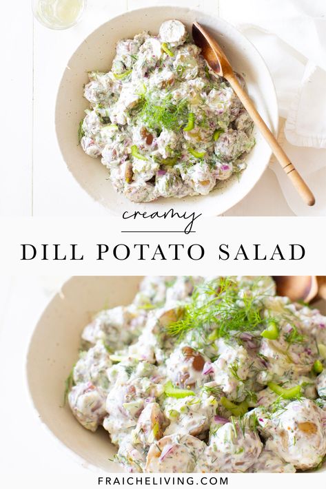 This creamy dill potato salad will take you less than 10 minutes of prep time and can be made a day ahead. In fact, I think it tastes better if you do make it ahead (stored in the fridge covered of course). #creamypotatosalad #dillpotatosalad #saladrecipe #healthysaladrecipe Smoked Salmon Potato, Creamy Dill Dressing, Dill Potato Salad, Dill Potato, Dill Potatoes, Red Potato Salad, Camping Lifestyle, Dill Dressing, Healthy Potatoes