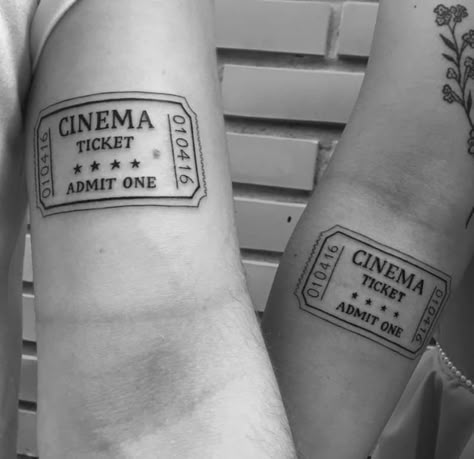 Movie Theater Tattoo Ideas, Ferris Bueller Tattoo Ideas, Movie Ticket Tattoo Ideas, Et Movie Tattoo, Concert Ticket Tattoo Ideas, Cinema Ticket Tattoo, Silver Linings Playbook Tattoo, Ticket Stub Tattoo, Movie Matching Tattoos