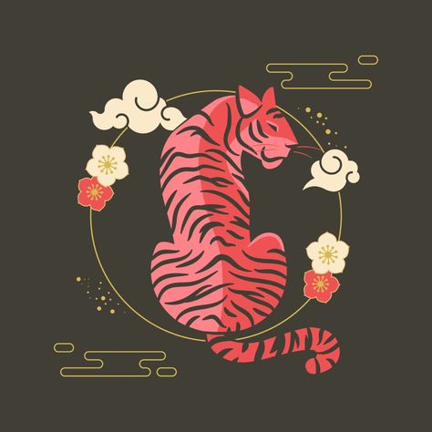 Tiger Drawing, Year Of The Tiger, Stock Art, Tiger Tattoo, Chinese Zodiac, The Tiger, Free Art, Flowers, Pink