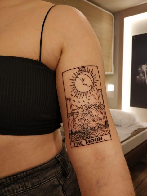 The Moon Card Tattoo, Tarot Tattoo Moon, Tarot Card Tattoo The Moon, The Moon Tattoo Tarot, Tarot Card Tattoo Placement, Sun And Moon Tarot Card Tattoo, The Moon Tarot Card Tattoo, Moon Tarot Tattoo, Peaceful Tattoos