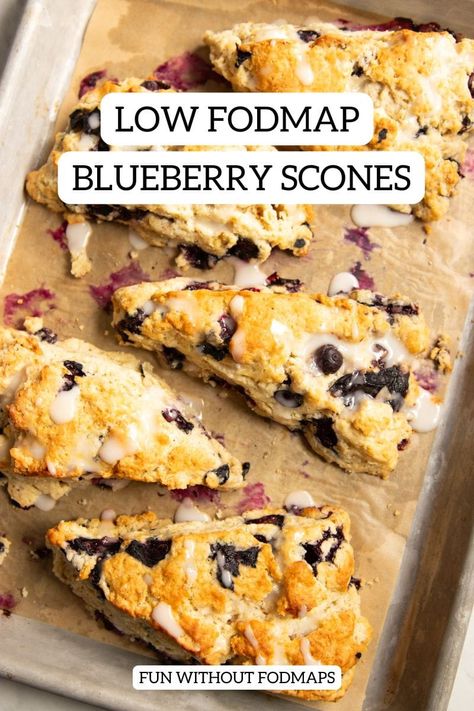 Start your day with fruit-filled low FODMAP blueberry scones! Perfect for breakfast or brunch, these scrumptious gluten-free baked goods are topped with a sweet lemon glaze. Ready in 1 hour with just 11 ingredients. #lowfodmap Low Fodmap Scone Recipes, Ibs Friendly Breakfast, Ibs Dessert Recipes, Low Fodmap Muffins, Low Fodmap Breakfast Recipes, Fodmap Sweets, Ibs Diet Recipes, Low Fodmap Breakfast, Fodmap Baking