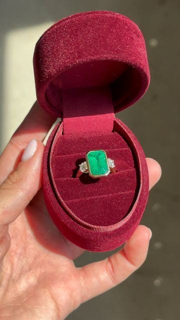 Starling Jewelry on Instagram: "When old meets new 💚 A Colombian Emerald engagement ring with two heirloom diamonds prong set on each side of the magnificent bezel set Emerald center stone. Congratulations to this Starling couple #StarlingEngaged #StarlingJewelry" Starling Jewelry, Colombian Emeralds, Emerald Engagement, Starling, Emerald Engagement Ring, Bezel Setting, Prong Setting, Engagement Ring, Emerald