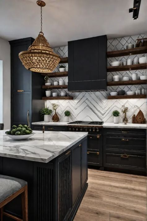 Stylish Kitchen Pattern and Texture High Contrast Kitchen Design, Black And Brown Kitchen Ideas, Brown Kitchen Ideas, Gourmet Kitchen Design, Grey Painted Kitchen, Kitchen Pattern, Moody Kitchen, Bedroom Wall Decoration, Kitchen Floors