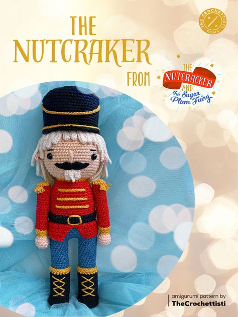 This document provides instructions for crocheting a Nutcracker doll. It includes materials needed and step-by-step directions to make the legs, body, head, jacket, belt, arms, shoulder pads, ears and hair. The legs are made first in blue yarn using increases and single crochets. The body and head are then constructed in multiple rounds in different colors, adding details like eyes. The jacket is made in rows in red yarn. Other accessories like the belt and arms are also detailed. The pattern Crochet Nutcracker Free Pattern Christmas, Free Crochet Nutcracker Pattern, Nutcracker Crochet Pattern Free, Crochet Nutcracker Pattern Free, Amigurumi Nutcracker, Nutcracker Crochet, Crochet Nutcracker, Jacket Belt, Xmas Toys