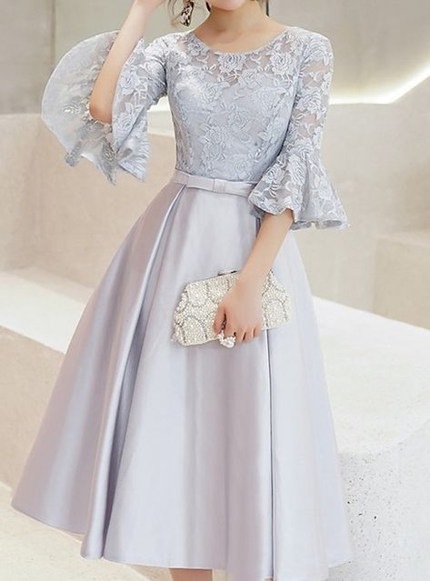 Midi Homecoming Dresses, Dress With Lace Sleeves, Dress Brokat, Grey Tea, Evening Gowns Elegant, Long Evening Gowns, فستان سهرة, Midi Cocktail Dress, Tea Length Dresses