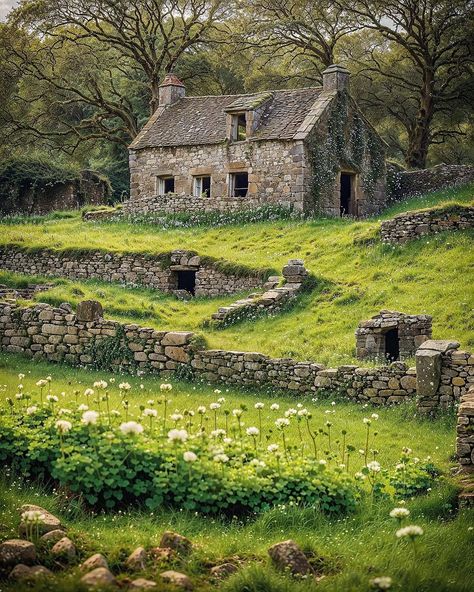 240301 - lightly displaced musgrave grids, melded into cozy irish landscapes and punctuated with ancient stone cottages; blender, sdxl… | Instagram Irish Aesthetic, Stone Cottage Homes, Dreamy Cottagecore, Python Script, Ireland Houses, Deserted Places, Ireland Cottage, Stone Cabin, Ireland Pictures