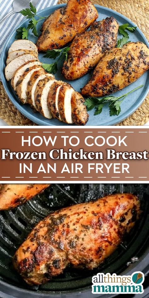 How to Cook Frozen Chicken Breast in an Air Fryer social collage graphic Frozen Chicken Air Fryer Recipes, Air Fry Frozen Chicken Breast, Frozen Chicken In Air Fryer, Frozen Chicken Air Fryer, Air Fryer Frozen Chicken Breast, Grilling Frozen Chicken, Cook Frozen Chicken, Cooking Frozen Chicken Breast, Air Fryer Recipes Chicken Breast