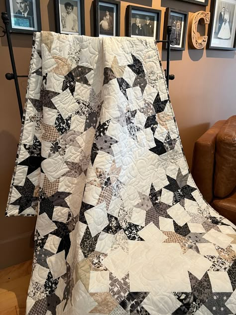 This 56" x 64" lap quilt is perfect for the stay-at-home movie date night! This project uses a layer cake from the beautiful fabric collection "Date Night" by Basic Grey for Moda. A demo video on how to make the star block for this project is available on my website under demo videos. Date Night will be shipping to your favorite quilt shop in January 2023, but the pattern is available for purchase now! This pattern is FabSwitch compatible. FabSwitch is my free app which allows you to switch out Neutral Colored Quilt, Monochromatic Quilt, Stars Quilt Pattern, Layer Cake Quilt Patterns, Lap Quilt Patterns, Neutral Quilt, Layer Cake Quilts, Farmhouse Quilts, Black And White Quilts