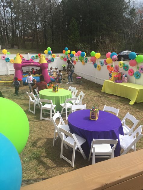 Backyard Trolls Birthday Party Trolls Outdoor Birthday Party, Backyard 1st Birthday Party Girl, Backyard Toddler Birthday Party, Backyard Birthday Party For Kids, Backyard Kids Party, Baby Birthday Party Theme, Backyard Birthday Parties, Outdoors Birthday Party, Unicorn Themed Birthday Party