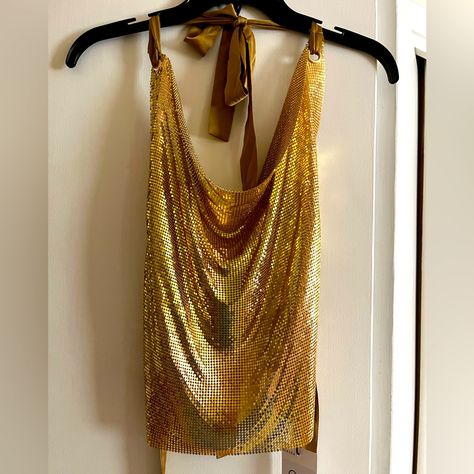 Nwt Akira Won’t Stop Movin Chainmail Halter Top - Size Small - Open Back, Ribbon Ties - 100% Aluminum - Spot Clean - No Stretch - Approx 20” Neck To Hem Chain Mail Top, Gold Halter Top, Chain Mail, Ribbon Tie, Halter Top, Open Back, Womens Tops, Ribbon, Size Small