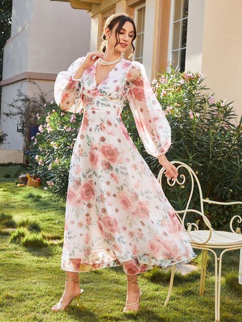 SHEIN Allover Floral Print Lantern Sleeve Organza Dress Organza Dress Frocks, Floral Print One Piece Dress, Organza Maxi Dress Floral Prints, Long Floral Dress With Sleeves, Organza A Line Kurti, Printed Organza Frock Design, Organza A Line Dress, Floral Print Frocks For Women, Midi Long Sleeve Dress Formal