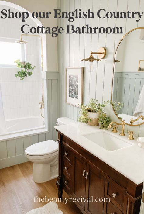 a Pinterest pin for shopping an English country cottage bathroom Cottage Green Bathroom, Cottage Interiors Bathroom, English Country Bathroom Ideas, European Cottage Bathroom, English Countryside Bathroom, English Cottage Bathroom Ideas, English Style Bathroom, Cottage Master Bath, Cozy Cottage Bathroom