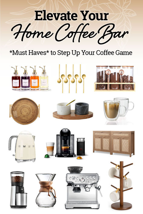 Elevate your coffee game with our top picks for your Home Coffee Bar ☕ Coffee Bar Must Haves Products, Coffee Station Must Haves, Coffee Corner Styling, Home Coffee Bar Ideas Kitchen Counters, Mini Coffee Corner, Minimalist Coffee Bar Ideas, Wine Coffee Bar Ideas, Coffee Bar Tray Ideas, Coffee Set Up