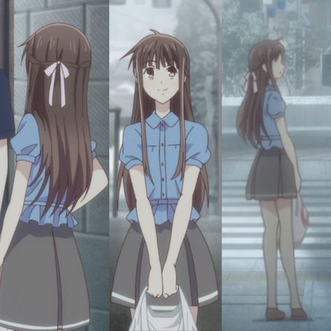 tohru honda blue collared shirt, black skirt with white line outfit Honda Tohru Hairstyle, Tohru Honda Clothes, Tohru Inspired Outfits, Fruits Basket Inspired Outfits, Tohru Honda Outfit Aesthetic, Tohru Hairstyles, Tohru Honda Inspired Outfits, Tohru Honda Hairstyles, Striped Skirt Outfit Black And White