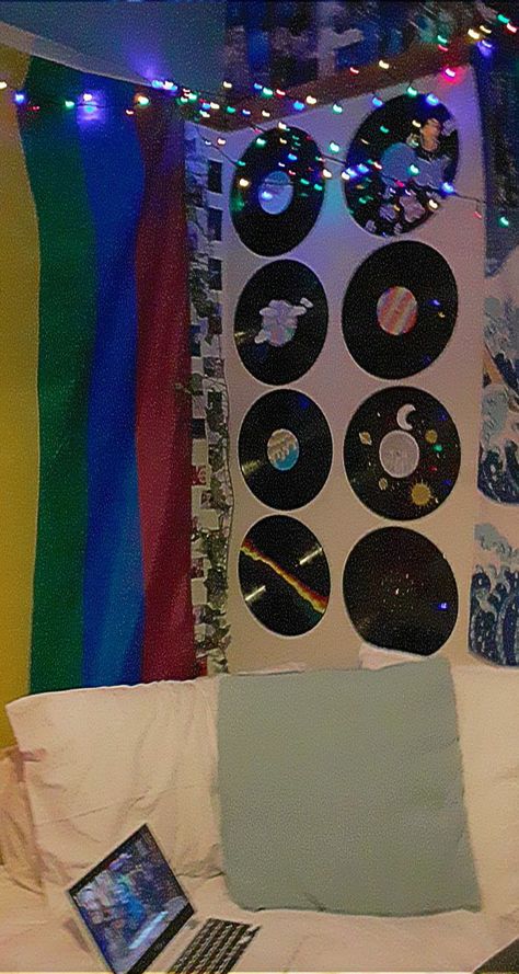 Bedroom With Pride Flag, Pride Flag Decoration, Pride Flag Decor, Pride Flag Bedroom Aesthetic, Pride Flag Aesthetic Room, Records In Bedroom, Pride Room Aesthetic, Pride Flag Room Decor, Pride Flag In Room