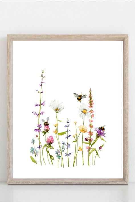 Simple Watercolor Flowers, Wildflower Drawing, Watercolour Nursery Art, Bee Pictures, Wildflower Paintings, Bee Painting, Watercolor Clip Art, Clip Art Png, Diy Watercolor Painting