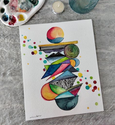 This is an original watercolor, not a print! It has lots of stacked shapes that reminds me of geology or landscapes. The painting is about 8 inches by 10 inches. You can trim it to fit a frame, but I also left a bit of room to attach it to a matted frame. There are photos with a ruler so you can see the exact size.  This was painted with liquid watercolors and black ink on 140 lb watercolor paper.  Etsy recommends putting a mock up of the painting in a frame, but I'm terrible at that. I did mock Watercolor On Black Paper, Ink And Watercolor Art, Abstract Canvas Art Acrylics, Ink And Wash, Decorated Envelopes, Liquid Watercolor, Art Therapy Activities, Watercolor Sketchbook, Abstract Watercolor Painting