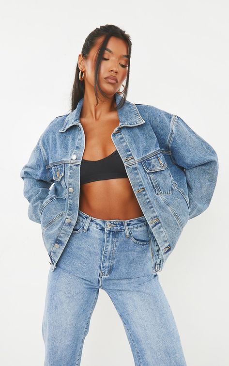 Jean Rose, Double Denim Looks, Navy Crop Top, Boyfriend Denim Jacket, Jean Jacket Outfits, Denim Jacket Outfit, Oversized Jean Jacket, Oversized Jeans, Boyfriend Denim