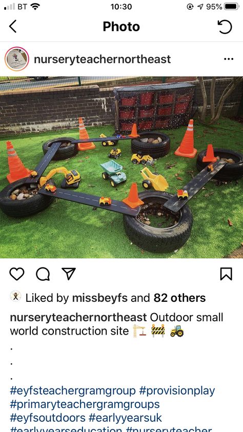 Childcare Yard Ideas, Outside Nursery Ideas Outdoor Play, Backyard Natural Play Area, Easy Outdoor Play Ideas, Eyfs Outdoor Construction Ideas, Kindy Outdoor Play Spaces, Outdoor Home Corner Eyfs, Construction Outdoor Play Area, Preschool Outdoor Reading Area