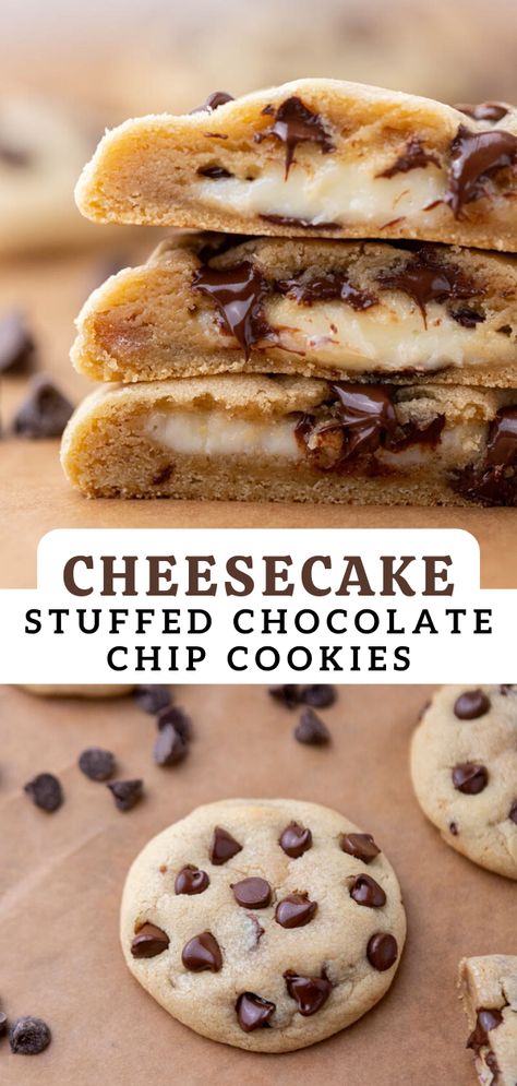 Cream Filled Chocolate Chip Cookies, Cookies With Cheesecake Filling, Stuffed Chocolate Chip Cookies Recipes, Chocolate Cheesecake Cookies Recipes, Chocolate Chip Cookies Cheesecake, Cream Cheese Stuffed Chocolate Chip Cookies, Desserts With Cheesecake Filling, Special Chocolate Chip Cookies, Cheesecake Stuffed Cookies Recipes