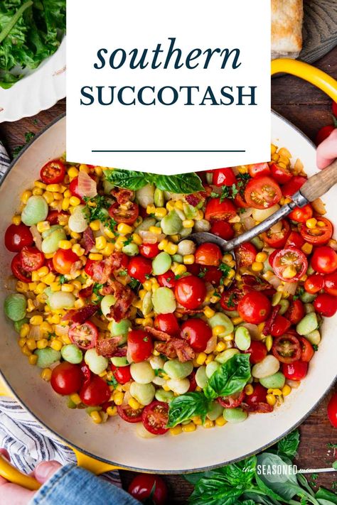 This Southern succotash recipe is an easy side dish or affordable entrée that pairs sweet corn, lima beans, and tomatoes with savory, salty bacon, rich butter, and fresh herbs. Take advantage of fresh summer produce or use frozen veggies in the off season! Succotash Recipes, Southern Succotash, Edamame Succotash, Lima Bean Recipes, Summer Succotash, Succotash Recipe, Corn Succotash, Corn Recipes Side Dishes, Beans And Tomatoes