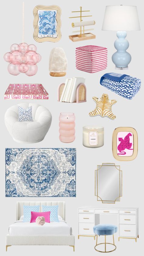 #preppy #pink #blue #roominspo Blue And Pink Bedroom, Blue Dorm, Pink Dorm Rooms, Preppy Dorm Room, Shuffles Preppy, Pink Dorm, Preppy Bedroom, Dorm Inspiration, College Bedroom