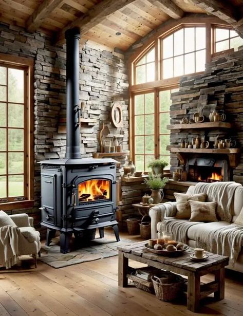 19 Ideas for Wood Stoves in Farmhouse Living Rooms Wood Stoves Ideas Living Rooms, Wood Burning Stove Decor, Living Rooms Farmhouse, Wood Stoves Ideas, Log Home Living Room, Wood Stove Surround, Wood Stove Wall, Fireplace Screens With Doors, Bedroom Design Boho