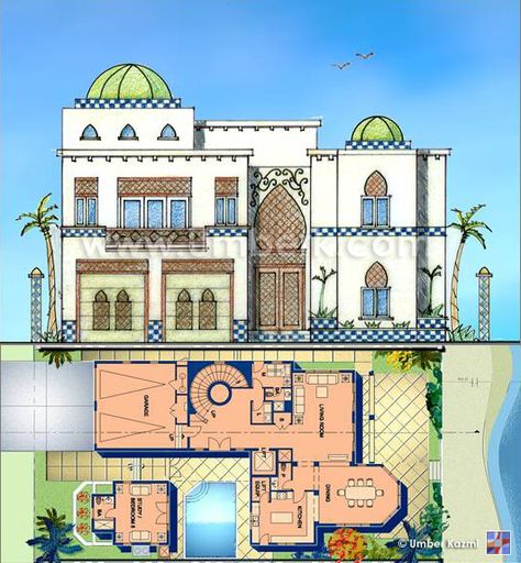 ARABIC VILLA (Pencil on trace / Photoshop) - Moroccan Interior design Moroccan Home Exterior, Moroccan House Plan, Moroccan House Design, Moroccan House Exterior, Moorish House, Riad Floor Plan, Moroccan Exterior, Arabic House Design, Morocco House