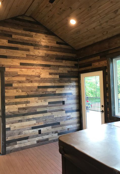 Brewpub Whiskey Barrel accent wall + Easy BarnWood Covered Bridge on Ceiling Modern Moulding, Ideas For Accent Walls, Gray Shiplap, Entryway Farmhouse, White Wash Walls, Tongue And Groove Walls, Grey Ceiling, Barrel Ceiling, Batten Wall