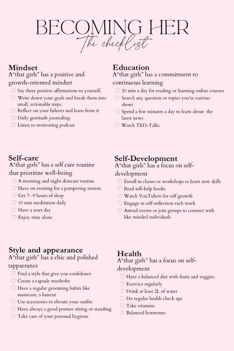 Start Your Life Over, Daily Self Care Checklist Women, Motivation For Self Care, Daily Glow Up Checklist, How To Be Mesmerizing, Become That Woman, Good Habits For Women, Glow Up Tips For Women, Reinventing Yourself Checklist