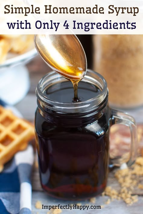 Make your own homemade syrup for pancakes, waffles and French Toast. Simple recipe with only 4 ingredients. Homemade Waffle Syrup Recipe, French Toast Syrup Recipe, Making Syrup For Pancakes, Easy Syrup Recipes, Breakfast Syrup Recipe, Homemade Syrup For French Toast, Homemade Syrups For Pancakes, How To Make Pancake Syrup, Pancake Syrup Recipe Homemade