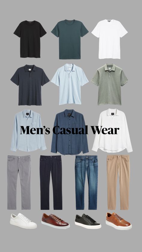 Every piece goes with each other in some way. Closet Essentials Men, Men’s Wardrobe Essentials, Capsule Wardrobe Men Minimalist, Mens Basic Wardrobe Essentials, Men Capsule Wardrobe, Minimalist Wardrobe Men, Capsule Wardrobe Men, Wardrobe Men, Men's Capsule Wardrobe