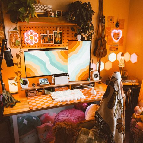 Cute Office Cubicle Decor, Orange Gamer Aesthetic, Orange Gaming Aesthetic, Eclectic Gaming Setup, Orange Gaming Room, Earthy Gamer Setup, Aesthetic Computer Desk, Orange Desk Setup, Whimsigoth Gaming Setup