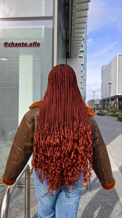 Color 350 Goddess Box Braids, Ginger Goddess Braids Black Women, Colour 350 Knotless Braids With Curls, Copper Hair Braids Black Women, Autumn Box Braids, Ginger Coloured Braids, Braid Colours For Black Women, Knotless Braids 350, Ginger Red Braids