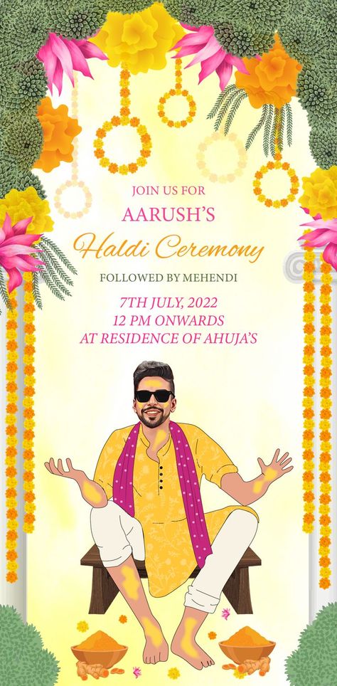 Haldi Ceremony Card Template, Haldi Ceremony Of Groom, Haldi Ceremony Poster Design, Groom Haldi Invitation Card Template, Haldi Caricature Invite, Haldi Ceremony Card Design, Haldi Ceremony Decorations For Groom, Haldi Groom Illustration, Haldi Invitation Card Template Blank