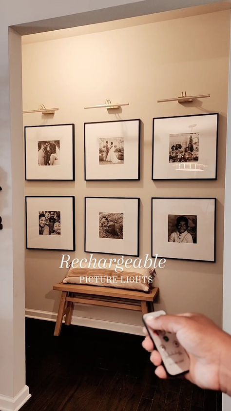 Dining Photo Wall, Gallery Lights Wall, Frame Wall With Lights, Wall Gallery With Lights, Entryway Frame Wall, Hallway Gallery Wall With Lights, Picture Frame With Light Above, Photo Lights Wall Pictures, Wall Pictures With Lights