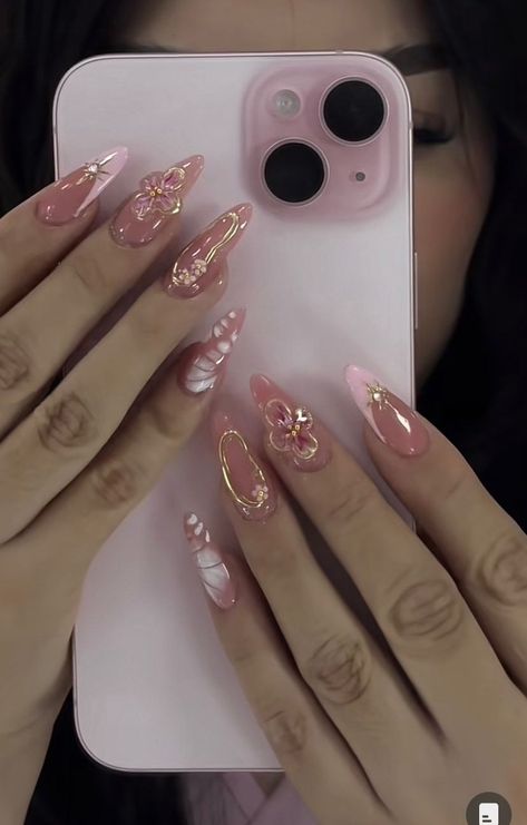 Aesthetic Gel X Nails, Kali Uchis Aesthetic Nails, Baddie Nails Almond Shape, Fairy Almond Nails, Nails Ideas Coquette, Almond Gel X Nail Designs, Pink Nail Inspo Almond, Gelx Inspo Nails, Pink Almond Nails Design