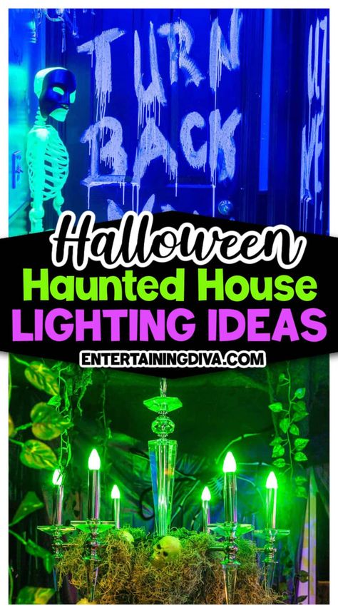 Halloween Haunted House Lighting Effects (Ideas To Make Your House Look Spooky) Halloween Lights Indoor, Halloween Haunted House Diy, Halloween Lighting, Halloween Haunted House Decorations, Halloween Lights Decorations, Lights Decorations, Halloween Graveyard, Halloween Haunted House, Diy Halloween Decor