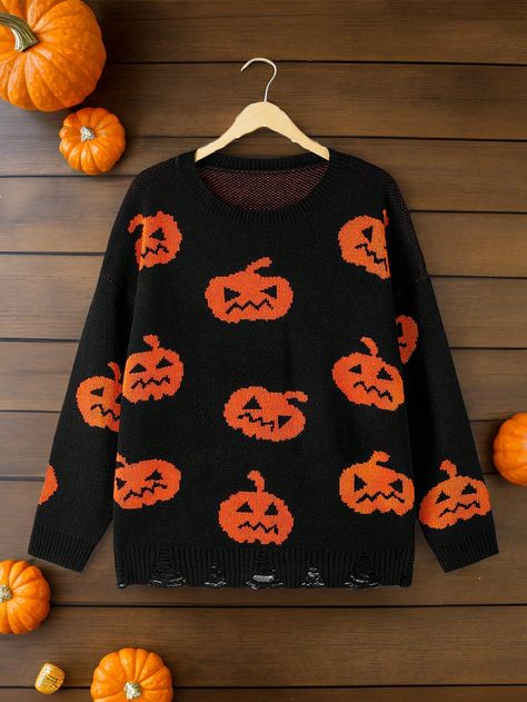 Plus Size Pumpkin Pattern Knitted Crew Neck Long Sleeve Sweater Black Casual  Long Sleeve Knitwear Halloween,All Over Print Pullovers Non-Stretch  Women Plus Clothing, size features are:Bust: ,Length: ,Sleeve Length: Punk Plus Size, Halloween Sweaters, Pumpkin Sweater, Halloween Hair Clips, Pumpkin Outfit, Raglan Sleeve Sweater, Drop Shoulder Cardigan, Elegant Halloween, Embroidery Sweater