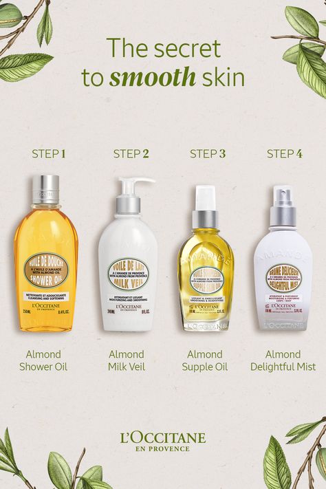 Achieve soft and luscious skin in just 4 steps thanks to L'OCCITANE's Almond Collection Loccitane Shower Oil, L'occitane Aesthetic, Loccitane Aesthetic, Loccitane Almond, Best Shower Routine, Best Body Cream, Shower Care, Rose Body Lotion, Skin Care Basics