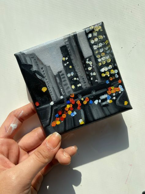 Cityscape Mini Painting, Blurry City Painting, 10 X 10 Canvas Painting Ideas, Homemade Wall Art Paint, Aesthetic Mini Painting Ideas, Painting On Mini Canvas Ideas, Mini Oil Painting Ideas, 10x10 Canvas Painting, Things To Paint On Mini Canvas