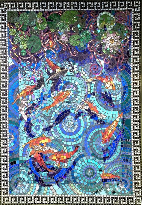 Mosaic Pond Ideas, Koi Pond Mosaic, River Mosaic, Bathroom Mosaic Tile Ideas, Koi Mosaic, Water Mosaic, Zen Garden Design, Mosaic Garden Art, Mosaic Tile Art