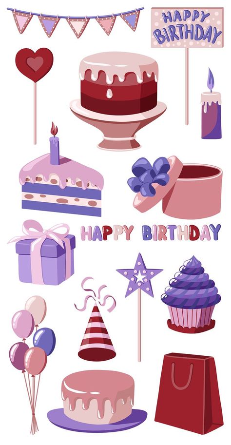 Cake Sticker Design, Birthday Stickers Printable, Party Doodles, Happy Birthday Clipart, Birthday Elements, Birthday Clip Art, Happy Birthday Stickers, Balloons Gift, Happy Birthday Clip Art