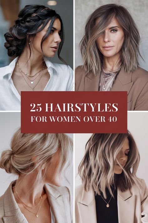 25 hairstyles for women over 40, featuring various stylish hairdos. Hair Styles For Late Forties, Haircut Idea For Women, Haircut Widows Peak Women, Best Hair For Women Over 50 Over 50, Over 40 Round Face Hairstyles, Women’s Hair Styles Over 40, Hair Styles For Short To Medium Hair, 50 And Older Hair Styles For Women, Hair Trends 40 Year Olds